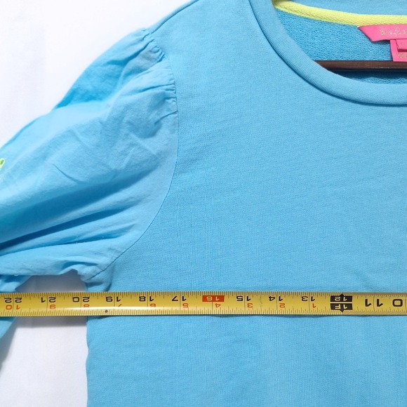 Lilly Pulitzer Alla Sweatshirt M Eyelet Embroidered Puff Sleeve Horizon Blue - Picture 11 of 12